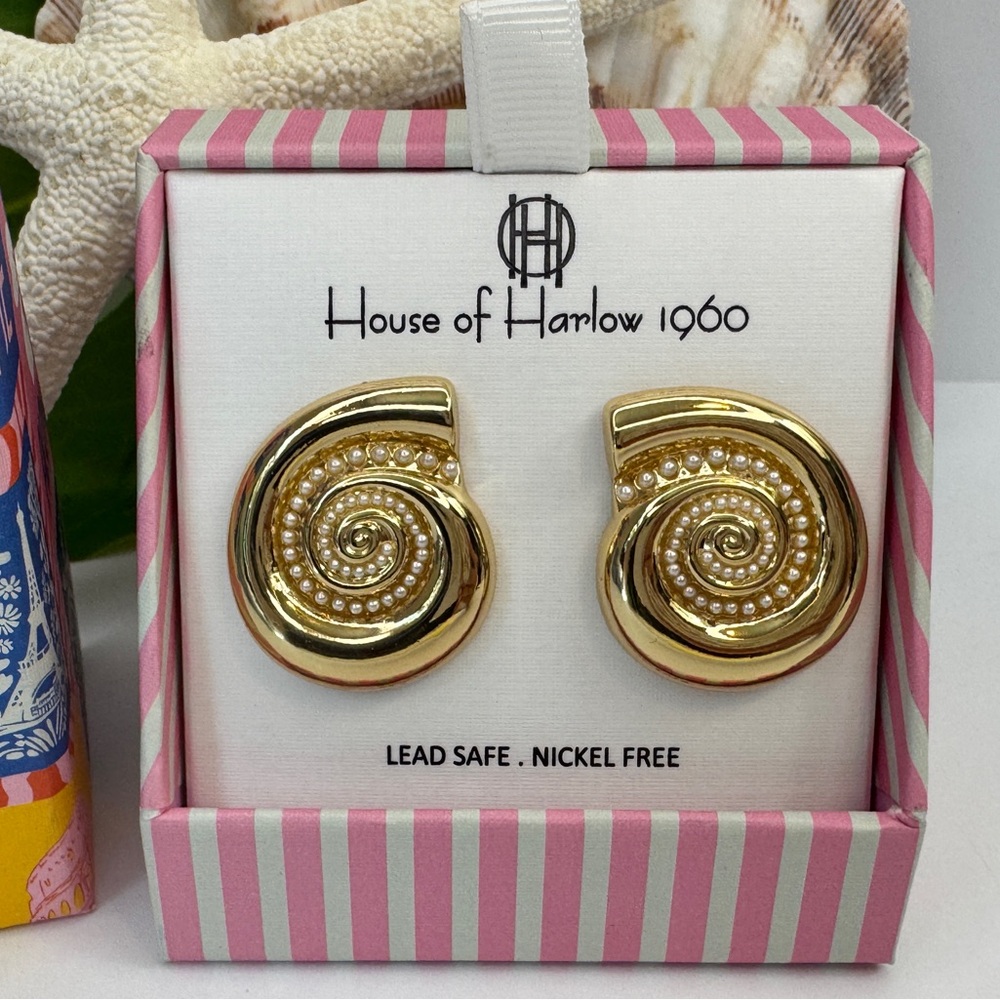 House of Harlow 1960 Gold and Pearl Spiral Nautilus Earrings